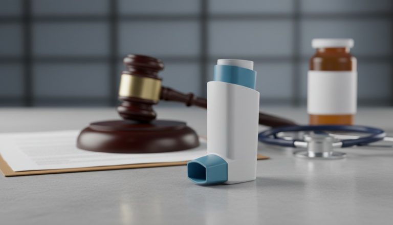 Asthma inhaler next to judge gavel and legal documents representing Breo Ellipta lawsuit dispute