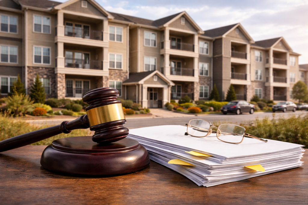Judge gavel and apartment building symbolizing the Hawthorne Residential Partners lawsuit and housing discrimination case
