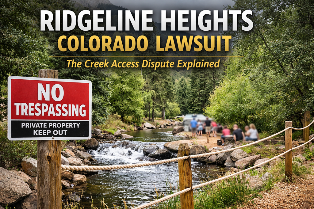 Ridgeline Heights Colorado lawsuit creek property dispute with no trespassing sign