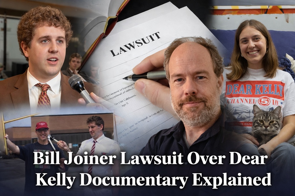 Bill Joiner lawsuit over Dear Kelly documentary with lawsuit document and Channel 5 media figures.