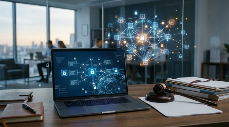 Blockchain security and domain dispute concept with legal gavel and cybersecurity interface