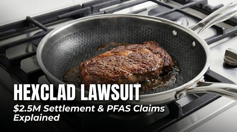 HexClad hybrid frying pan on kitchen countertop — HexClad lawsuit settlement PFAS claims